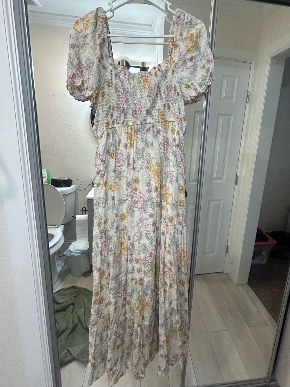 Smocked Floral Maxi Dress by LoveStitch in Cream with Pink & Mustard Flowers.